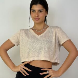 דגם 9055-1: חולצת פלאם וי בטן קרעים ש.קצר