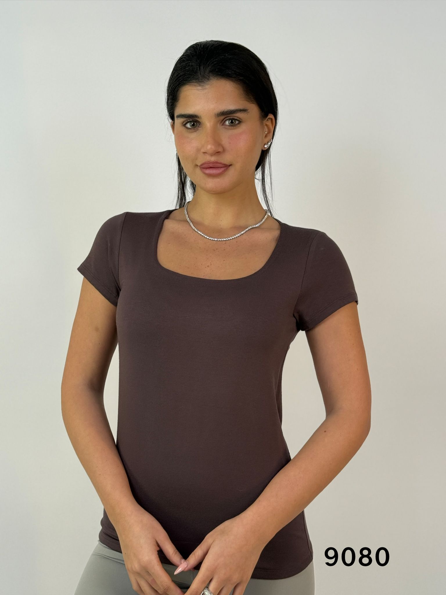 דגם 9080: חולצת נשים פרונט כפול שרוול קצר